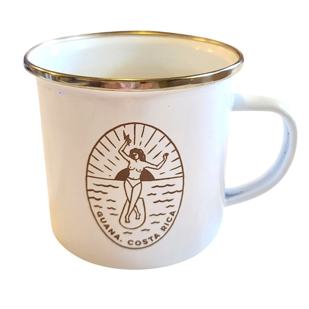 Guana Costa Rica Beach Lady Surfer Enamel Mug Sunset Surfing Travel